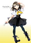  black_eyes boots brown_hair dress gatchaman_crowds hair_ornament hairclip high-waist_skirt ichinose_hajime pantyhose scissors shinoasa skirt solo 