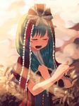  closed_eyes frills green_hair hair_ribbon hand_on_own_chest kagiyama_hina long_hair open_mouth ribbon solo takuzui touhou 