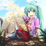  ahoge arm_support arm_up cloud day digital_media_player earbuds earphones green_eyes green_hair hatsune_miku highres long_hair open_mouth shorts sitting sky solo tom_(drpow) twintails vocaloid 