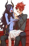  1girl :o bare_shoulders black_hair black_sclera blue_skin blush breasts cake demon_girl fang feeding flootier folth food fork horns long_hair medium_breasts navel open_mouth pointy_ears red_eyes red_hair sitting sitting_on_lap sitting_on_person summon_night summon_night_5 yanagida_fumita 