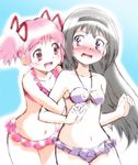  akemi_homura arm_grab bikini black_eyes black_hair blush hair_ribbon hairband hikari_(mitsu_honey) kaname_madoka long_hair mahou_shoujo_madoka_magica multiple_girls navel pink_eyes pink_hair ribbon short_twintails swimsuit twintails yuri 