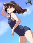  aircraft airplane brown_eyes brown_hair chikuwa_(majihima) kantai_collection long_hair one-piece_swimsuit ryuujou_(kantai_collection) school_swimsuit solo swimsuit twintails visor_cap 