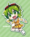  :d ahoge caffein character_name chibi goggles goggles_on_head green_eyes green_hair gumi headphones navel open_mouth short_hair skirt smile solo vocaloid wrist_cuffs 