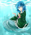  blue_eyes blue_hair caustics full_body head_fins japanese_clothes kimono looking_at_viewer mermaid monster_girl solo submerged touhou tsukikusa underwater wakasagihime 