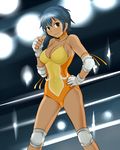  blue_hair breasts brown_eyes cleavage dark_skin despina_libre elbow_pads fingerless_gloves gloves knee_pads leotard light medium_breasts orange_leotard smile solo tanaka_rikimaru vest wrestle_angels wrestle_angels_survivor wrestle_angels_survivor_2 wrestling_outfit wrestling_ring yellow_leotard 