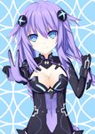  attenatten bad_id bad_pixiv_id bangs blue_background blue_eyes braid breasts cleavage cleavage_cutout clenched_hand covered_navel emblem gloves hair_between_eyes hair_ornament kami_jigen_game_neptune_v leotard light_smile long_hair magical_girl medium_breasts neptune_(series) outstretched_arm power_symbol purple_hair purple_heart smile solo symbol-shaped_pupils turtleneck twin_braids upper_body v vambraces very_long_hair 