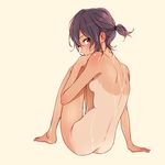  ass back bad_id bad_pixiv_id bangs barefoot beige_background blush breasts brown_eyes covering_mouth from_behind full_body hair_between_eyes hand_up highres looking_at_viewer looking_back nipples nude one-piece_tan original purple_hair shiny shiny_skin short_hair short_ponytail sidelocks simple_background sitting small_breasts solo tan tanline teti thighs wet 