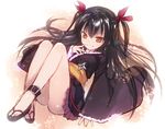  anklet bare_legs black_hair blush japanese_clothes jewelry kiira long_hair long_sleeves looking_at_viewer master_nemesis sandals sketch smile solo to_love-ru to_love-ru_darkness twintails wide_sleeves 