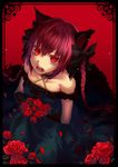  animal_ears bare_shoulders black_dress blood blood_splatter bow braid cat_ears dress flower hair_bow jewelry kaenbyou_rin kikugetsu long_hair open_mouth petals red_eyes red_hair rose single_earring solo touhou twin_braids 