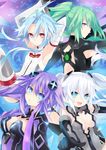  4koma :d :o absurdres armpits bad_id bad_pixiv_id black_heart blue_eyes blue_hair blush bodysuit breasts cleavage cleavage_cutout comic derivative_work flankoi_(jiqingjie2008) green_hair green_heart hair_between_eyes highres huge_breasts kami_jigen_game_neptune_v leotard looking_at_viewer multiple_girls neptune_(series) open_mouth parted_lips ponytail purple_eyes purple_hair purple_heart red_eyes short_hair smile symbol-shaped_pupils tsurime upper_body white_heart 