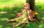  akiduhaniwa antennae barefoot blue_eyes dappled_sunlight dress grass insect_girl insect_wings long_hair moth_wings original pink_hair sitting solo sunlight tree wings 
