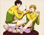  2boys character_request male male_focus multiple_boys open_mouth phone shoes sitting sneakers socks sportswear tennis_no_ouji-sama tied_up uniform 