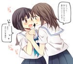  bangs black_hair blush brown_eyes brown_hair eye_contact hachiko_(hati12) long_hair looking_at_another multiple_girls open_mouth original school_uniform serafuku short_hair short_sleeves skirt sweatdrop translated wrist_grab yuri 