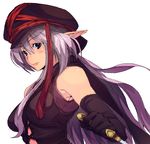  1girl aliasing amayu blue_eyes blush breasts dagger elf gloves hat large_breasts long_hair long_pointy_ears looking_at_viewer pink pointy_ears simple_background solo weapon white_background 