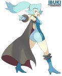  aqua_hair ass blue_eyes bodysuit breasts cape character_name copyright_name earrings gloves hair_over_one_eye high_heels ibuki_(pokemon) jewelry long_hair medium_breasts pointing pokemon ponytail simple_background solo souji white_background 