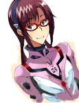  1girl aliasing amayu dutch_angle glasses headband looking_at_viewer makinami_mari_illustrious neon_genesis_evangelion plugsuit red-framed_glasses red_glasses simple_background smile solo white_background 