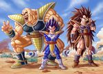  angry armor bald black_hair bodysuit boots bracer brown_hair crossed_arms dragon_ball dragon_ball_z facial_hair frown gloves highres long_hair male_focus manly multiple_boys muscle mustache nappa open_mouth raditz scouter space_craft spiked_hair tail vegeta veins very_long_hair yosui 