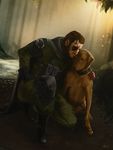  beard boots brown_hair cape collar diamond_dogs dog dog_collar eyepatch facial_hair forest friends gloves horn hug injury light_rays logo mechanical_arm metal_gear_(series) metal_gear_solid_v military military_uniform nature pet realistic sad see_hang spoilers sunbeam sunlight uniform venom_snake 