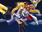  armor bardiche blonde_hair blue_eyes blush brown_hair cape carrying cloud dress energy_sword fate_testarossa gloves hair_ribbon long_hair long_sleeves lyrical_nanoha magical_girl mahou_shoujo_lyrical_nanoha mahou_shoujo_lyrical_nanoha_a's mahou_shoujo_lyrical_nanoha_the_movie_2nd_a's multiple_girls princess_carry puffy_sleeves raising_heart red_eyes ribbon short_twintails skirt sky sleeveless smile soresuthia star_(sky) starry_sky sword takamachi_nanoha twintails weapon yuri 