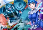  1girl bad_id bad_pixiv_id battle beam_rifle blue_eyes blue_hair bow breasts cirno covered_nipples damaged emblem energy_gun food glowing glowing_eye gm_(mobile_suit) gouf gundam hair_bow hayachine helmet ice ice_wings mecha medium_breasts mobile_suit_gundam oldschool pilot_suit popsicle science_fiction shield short_hair sm_(mobile_suit) smile sword tony_takezaki_no_gundam_manga touhou weapon wings zeon 