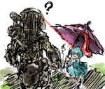  ? alien armor blue_eyes blue_hair cannon crossover energy_gun gauntlets helmet highres karakasa_obake long_sleeves mask muscle nameo_(judgemasterkou) open_mouth predator predator_(movie) purple_umbrella red_eyes shirt short_hair shoulder_cannon skirt sweatdrop tatara_kogasa tongue touhou umbrella vest weapon you_gonna_get_raped 