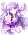  :d animal_ears blurry bunny_ears depth_of_field dress hair_ornament jacket low_twintails okaemon open_mouth outstretched_hand purple_eyes purple_hair purple_legwear purple_skirt short_dress skirt smile solo thighhighs twintails vocaloid voiceroid white_background yuzuki_yukari 
