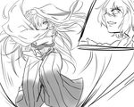  blocking detached_sleeves greyscale hair_over_one_eye hakama japanese_clothes kazami_yuuka leotard lineart long_hair m.u.g.e.n monochrome multiple_girls nontraditional_miko original samuimu sendai_hakurei_no_miko short_hair sketch touhou 