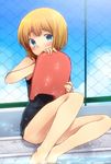  armin_arlert blonde_hair blue_eyes blush crossdressing kickboard male_focus marimo_danshaku one-piece_swimsuit otoko_no_ko pool poolside school_swimsuit shingeki_no_kyojin short_hair soaking_feet solo swimsuit water wet 