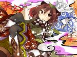  animal_ears blush brown_eyes brown_hair futatsuiwa_mamizou glasses leaf leaf_on_head raccoon_ears raccoon_tail scarf solo tail tamagogayu1998 touhou 