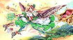  :d ankle ankle_ribbon barefoot black_wings blonde_hair breasts cat cleavage dress feathered_wings field flying forest freyja_(p&amp;d) full_body green_eyes green_skirt highres legs looking_at_viewer medium_breasts nature open_mouth outdoors outstretched_arms plant puffy_short_sleeves puffy_sleeves puzzle_&amp;_dragons ribbon sakurano_tsuyu shirt short_sleeves skirt sled smile staff tree white_shirt wings 