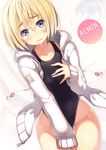  armin_arlert blonde_hair blue_eyes blush character_name competition_swimsuit copyright_name crossdressing english grey_background highres hood hoodie one-piece_swimsuit open_clothes open_hoodie shingeki_no_kyojin short_hair simple_background sweat swimsuit tel-o thigh_gap trap 