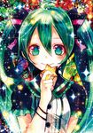  aqua_eyes bad_id bad_pixiv_id bow dress green_hair hatsune_miku long_hair sazanami_shione smile solo star twintails vocaloid 