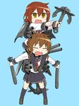  carrying dual_wielding folded_ponytail holding ikazuchi_(kantai_collection) inazuma_(kantai_collection) kantai_collection kill_me_baby multiple_girls open_mouth parody school_uniform serafuku shoulder_carry skirt takeya_yuuki weapon 