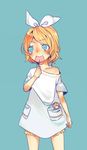  1boy 1girl blonde_hair bloomers blue_eyes bow candy chibi child hair_bow hair_ribbon kagamine_len kagamine_rin lollipop miniboy oversized_clothes ribbon short_hair simple_background underwear vocaloid young younger 