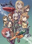  ahoge analyzer belt blush bodysuit brown_hair chibi cosmo_zero energy_cannon gamilas glasses harada_makoto helmet highres kiichi long_hair looking_at_viewer mecha melda_deitz military military_uniform milky_way misaki_yuria mori_yuki multiple_girls niimi_kaoru pilot pilot_suit robot science_fiction short_hair signature space space_craft spacesuit star_(sky) starfighter starsha uchuu_senkan_yamato uchuu_senkan_yamato_2199 uniform weapon yamamoto_akira yamato_(uchuu_senkan_yamato) 