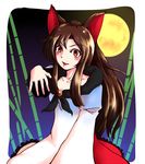  animal_ears bamboo bone brooch brown_hair collarbone dress fang full_moon imaizumi_kagerou jewelry long_hair long_sleeves moon open_mouth red_eyes smile solo toluda touhou wolf_ears 