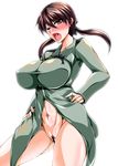  1girl adult blush bottomless breasts brown_eyes brown_hair censored female gertrud_barkhorn huge_breasts kanten long_hair navel no_panties older open_mouth pubic_hair pussy pussy_juice simple_background solo standing strike_witches tongue twintails white_background wink 
