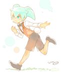  alice_in_wonderland bow bowtie bunny_tail cosplay fei_rune full_body green_eyes green_hair inazuma_eleven_(series) inazuma_eleven_go inazuma_eleven_go_chrono_stone male_focus mizuhara_aki no_pupils pocket_watch solo tail watch white_rabbit white_rabbit_(cosplay) 