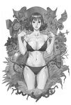  bikini breasts cleavage crt flower greyscale kilart large_breasts monochrome navel nose original short_hair side-tie_bikini solo strap_pull swimsuit television undressing 