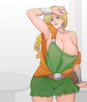  aratama_(a-tama) belt bianca blonde_hair blue_eyes braid breasts cape cleavage cowboy_shot curvy dragon_quest dragon_quest_v dress earrings green_dress huge_breasts jewelry lips long_hair looking_at_viewer open_mouth see-through short_hair simple_background single_braid solo 