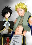  2boys black_hair blonde_hair blue_eyes cape fairy_tail gloves hair_over_one_eye multiple_boys red_eyes rogue_cheney scar sting_eucliffe 