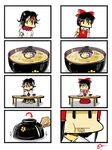  4koma :d bad_end black_hair blood bowl bowl_hat chopsticks comic directional_arrow dress eating food gapangman hair_ribbon hakurei_reimu hat highres horns in_bowl in_container in_food kijin_seija kneeling minigirl mouse multiple_girls open_mouth purple_hair recurring_image red_eyes ribbon rice smile soup sukuna_shinmyoumaru table touhou vore |_| 