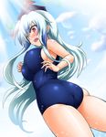  ass blue_sky blue_swimsuit blush breasts cloud commentary_request day hat highres kamishirasawa_keine large_breasts long_hair looking_at_viewer looking_back one-piece_swimsuit open_mouth red_eyes school_swimsuit sideboob silver_hair sky solo swimsuit touhou very_long_hair wet yazuki_gennojou 