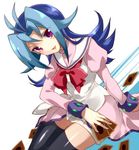  black_legwear blue_hair card flipped_hair holding holding_card irouha kamishiro_rio long_hair looking_at_viewer multicolored_hair open_mouth purple_eyes purple_hair ribbon sitting solo thighhighs two-tone_hair yokozuwari yuu-gi-ou yuu-gi-ou_zexal 