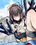  brown_hair closed_eyes cloud day highres ise_(kantai_collection) kantai_collection mistrail partially_submerged ponytail short_hair sitting sky solo tears turret water 