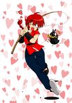  bandana blue_eyes blush bracer braid chinese_clothes commentary_request fishing_rod full_body genderswap genderswap_(mtf) heart heart_background highres one_eye_closed open_mouth p-chan pig ranma-chan ranma_1/2 red_hair red_shirt saotome_ranma shirt single_braid slippers smile suction_cups suzusato_rinka sweatdrop tangzhuang 