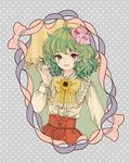  alternate_costume blue_background bow flower green_hair hair_flower hair_ornament hand_up hat kazami_yuuka long_sleeves looking_at_viewer parted_lips pink_flower pink_rose pinky_out polka_dot polka_dot_background red_eyes ribbon rose short_hair skirt solo sunflower takanashi_minato top_hat touhou 