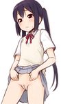  1girl black_hair blush bow brown_eyes female ha-ru k-on! long_hair nakano_azusa no_panties pussy school_uniform skirt skirt_lift solo tears twintails uncensored 