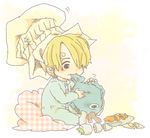  1boy blonde_hair chef_hat child hat lou_(usopo) male male_focus one_piece pixiv_thumbnail resized sanji sitting solo toy young younger 