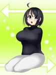  ahoge black_hair blush breasts brown_eyes glasses highres kneeling large_breasts looking_at_viewer open_mouth oyuki_(otozuki_mozuku) servant_x_service short_hair solo sweater yamagami_lucy 